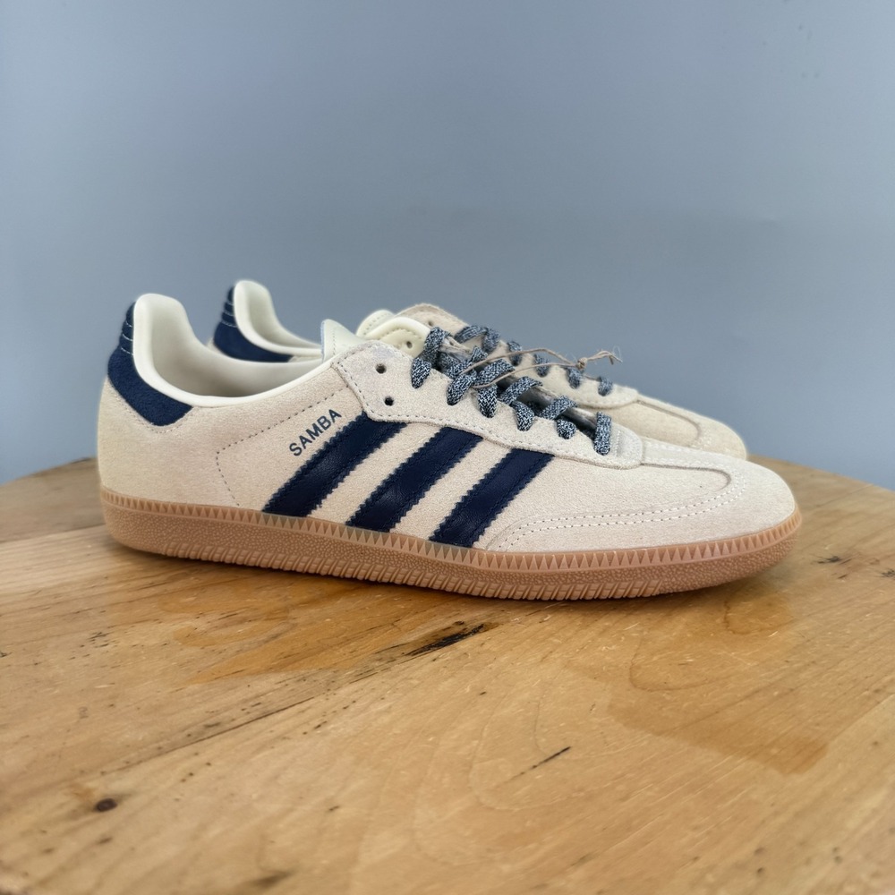 Youth 7 / Womens 8 - adidas Originals Samba J Shoes Warm Vanilla Night Indigo